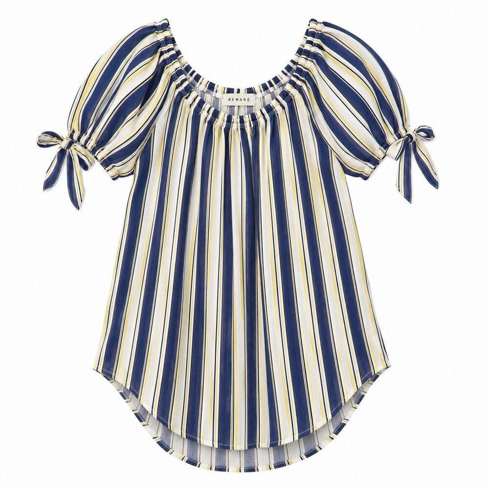 Beware Blouse Women's Size Large Blue Striped Scoop Neck Slit Sleeve Tunic